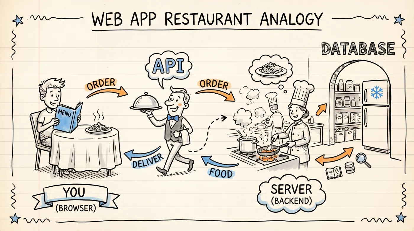 Restaurant analogy: customer, waiter, kitchen, storage