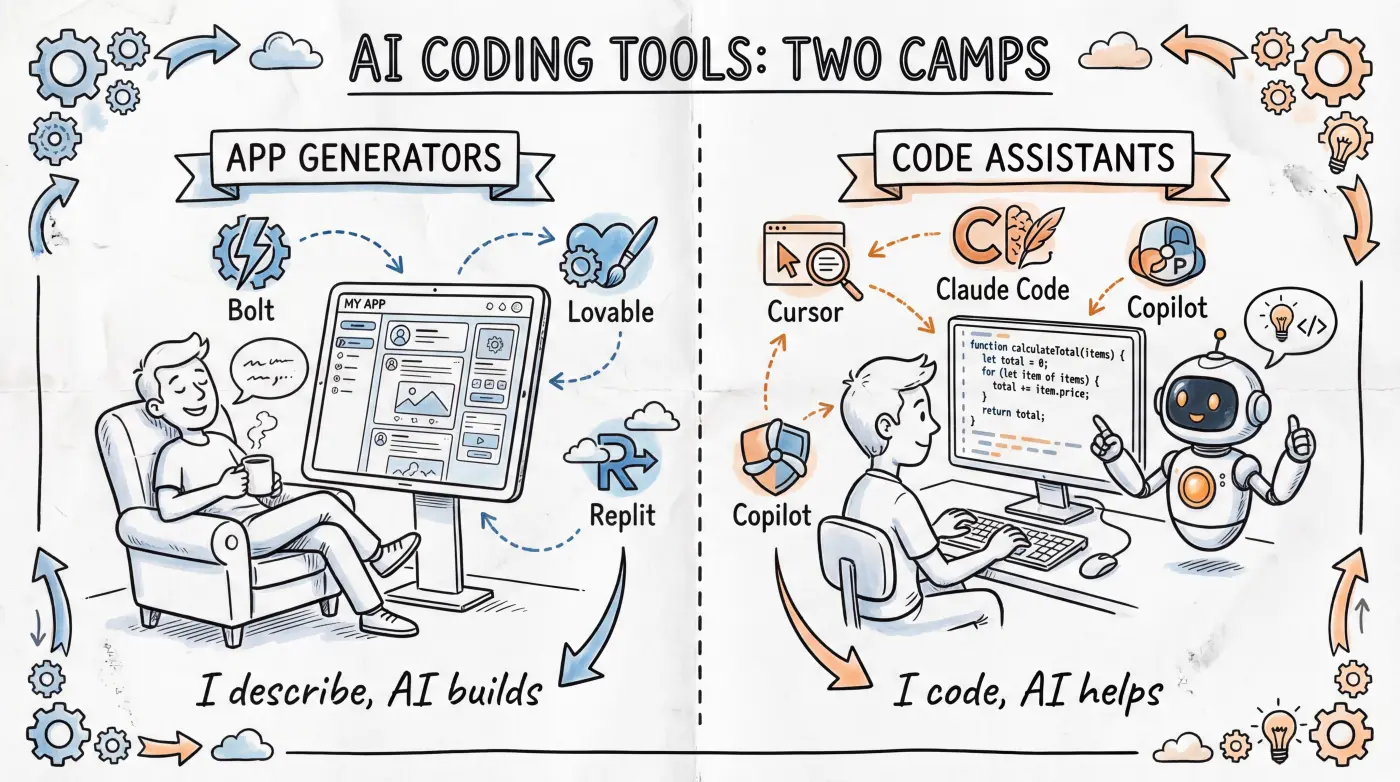 App generators vs code assistants: two paths to AI coding