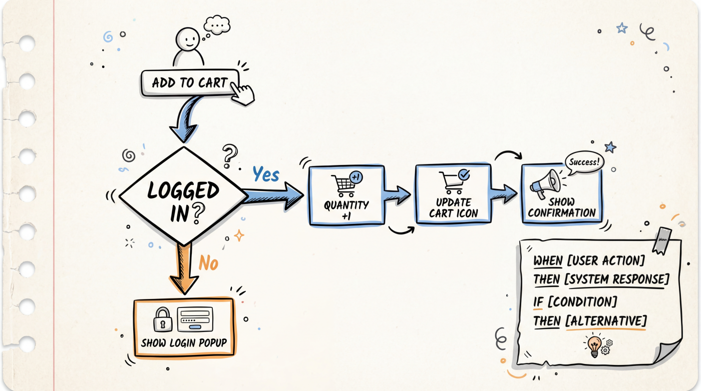 User flow: when the user does something, the system does something
