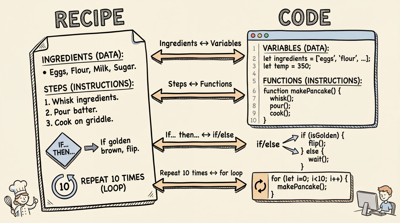 Code is like a recipe: ingredients, steps, conditions