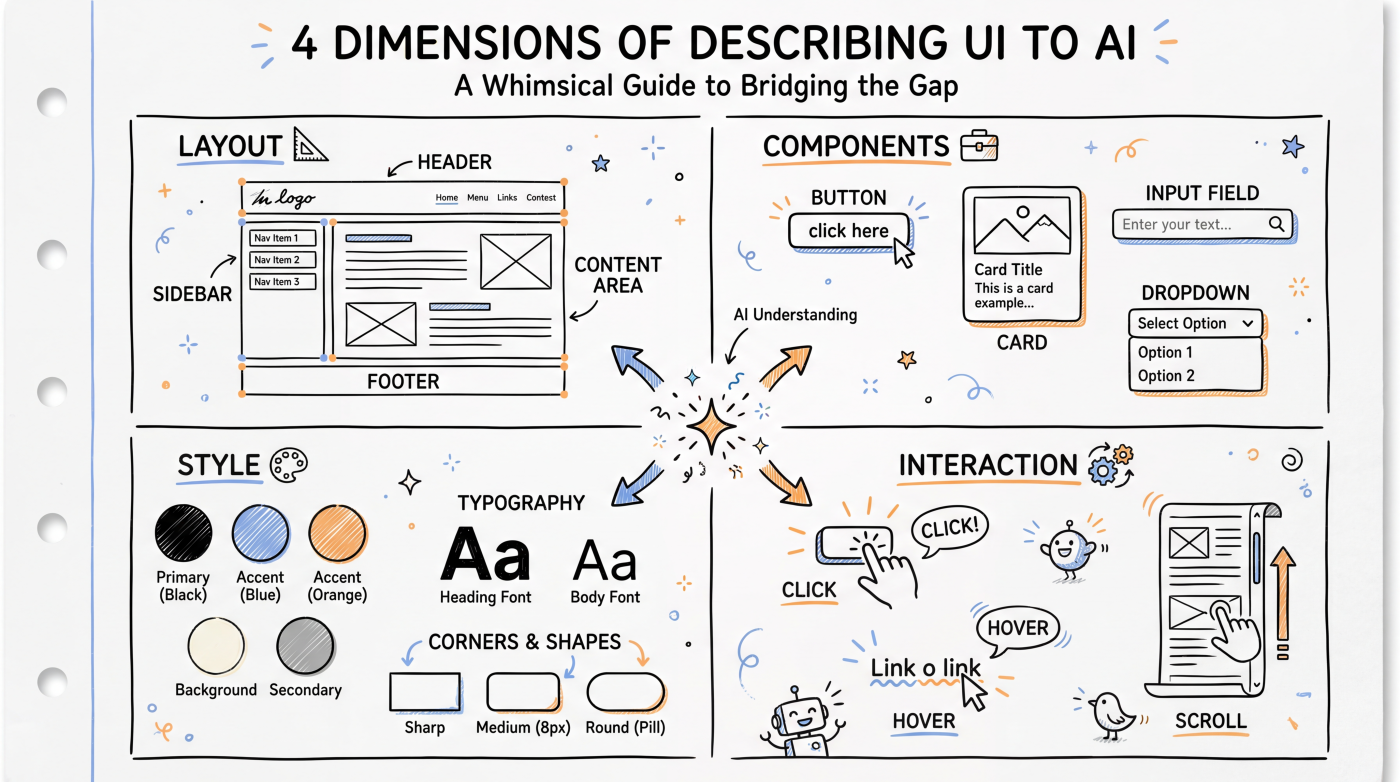 Four dimensions of UI description: layout, components, style, interaction