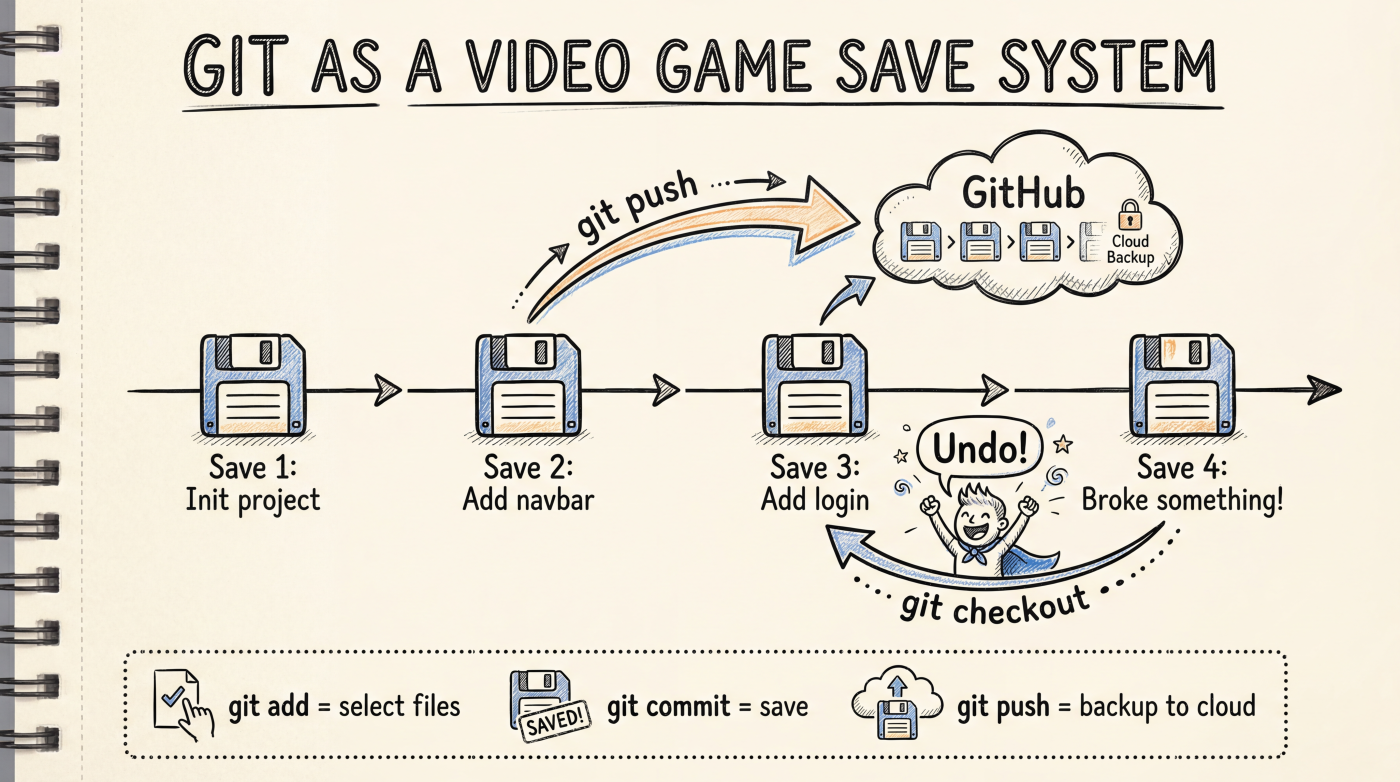Git version control: save points, rollback, cloud backup