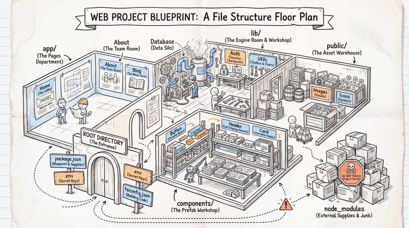 Project file structure: root directory, source code, config files